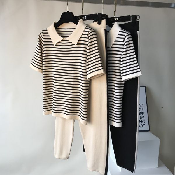 

shorts summer fashion tracksuit striped women's breeches casual suit knitted or crocheted short-sleeve t-shirts + long pants 2 3lw1, White;black