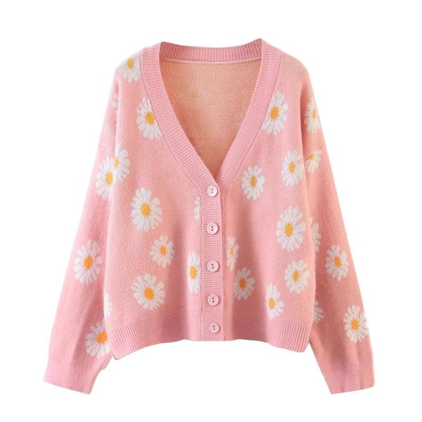 

women's knits & tees women cute pink sweet sweater cardigan button loose knit coat nice autumn spring casual long sleeve v neck floral, White