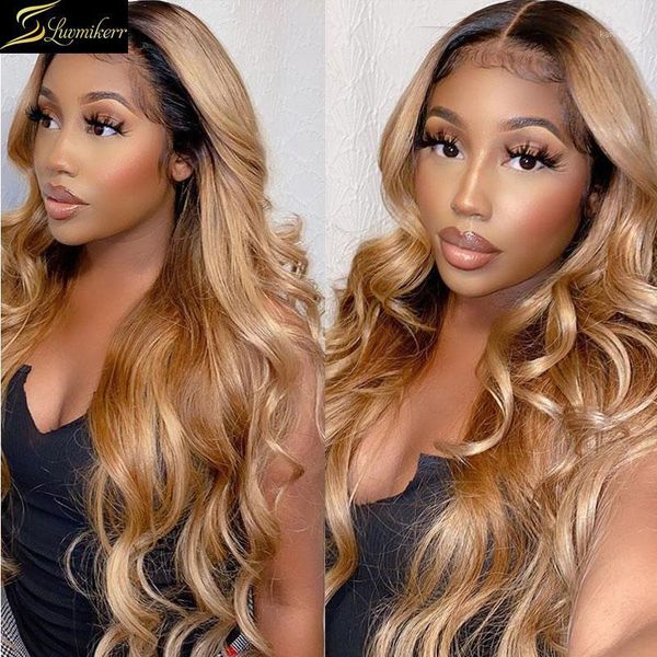 

honey blonde colored 1b27 deep part lace front wigs for black women preplucked body wave hd transparent wig human hair remy1, Black;brown