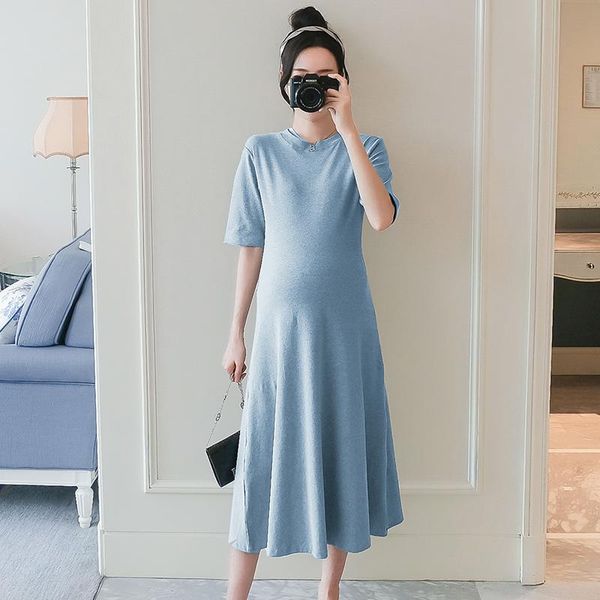

maternity dresses 47841# dress summer cotton short sleeves loose midi solid color plus size pregnancy pregnant women mom, White