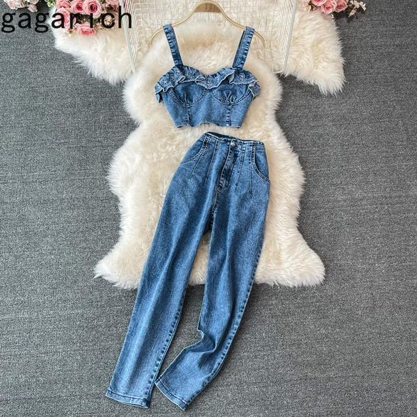 

gagarich woman sets summer ins fashion ruffles out off shoulder denim sling high waist long pants female two pieces suit women's piece, White