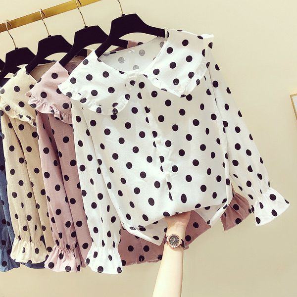 Primavera Mulheres Polka Dot plissado blusa elegante camisas de manga longa camisa das mulheres botões pulôver casual tops feminino mais tamanho 210514