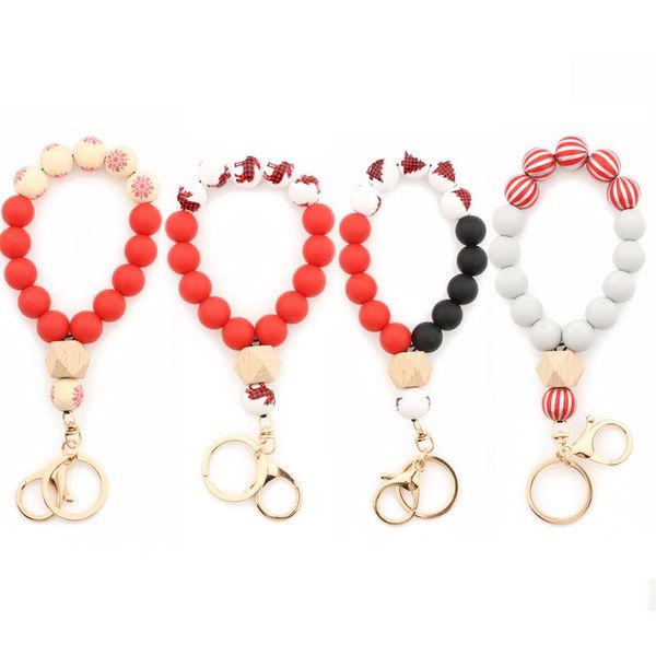 

bangle red tree deer print silicone beads elastic bracelets for women christmas original design keychains anti-lost key ring, Black