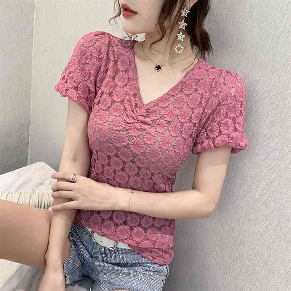 

fashion summer v-neck lace women short sleeve slim tshirt large size 210507, White