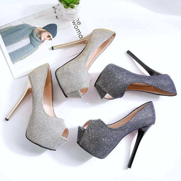 

dress shoes women pumps classic sequined cloth peep toe high heel 14cm stilettos platform female summer lady nightclubs party, Black