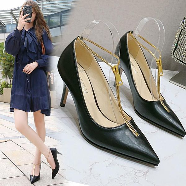 

ladies office sweet shallow mouth zipper pointed toe pumps shoes women large size 2021 women's high heels dress, Black