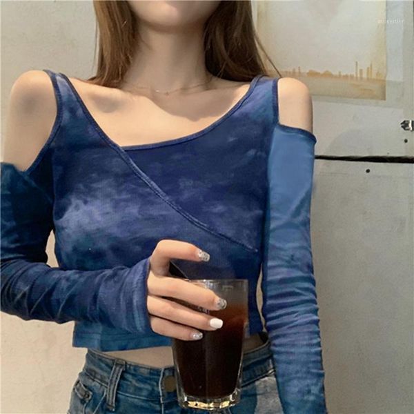 

women's t-shirt korean tie-dye design strapless long-sleeve blue, White