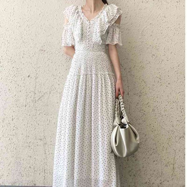 

summer sweet polka v-neck ruffle hollow out chiffon party dress japan style slim waist femme robe elegant trendy vestido 210514, Black;gray