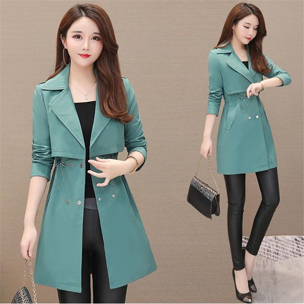 

women's trench coats mid-length elegant coat fashion suit collar korean long sleeve drawstring windbreaker female outwear pink h131, Tan;black