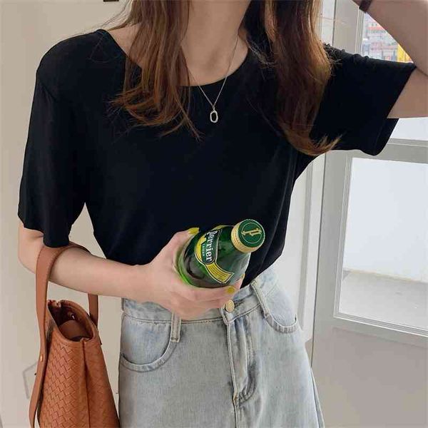 

women's t-shirt backless cotton chic loose brief solid summer casual 2021 tee gentle short-sleeved basewear fashion t-shirts, White
