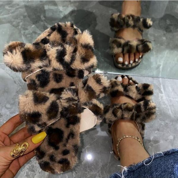 

double-layer bowknot fur fashion one-line shoes plus size leopard print ms slippers 2021 flat home women sandals, Black