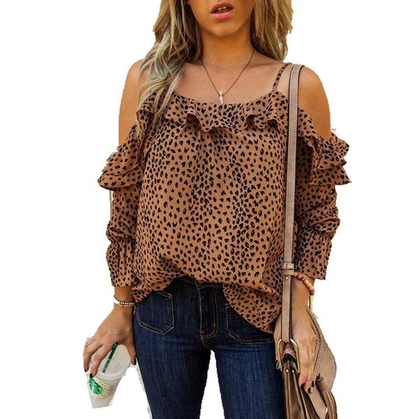 

women's t-shirt 2021 summer full sleeve blouse elegant ruffle printed leopard green round neck off shoulder women big size, White