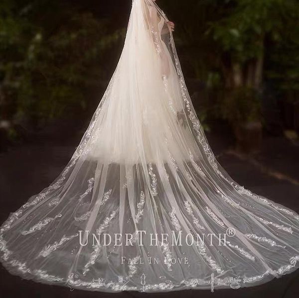 

bridal veils real pos 3.5m veil white three-dimensional lace appliques beaded with face comb long cathedral wedding headpiece, Black