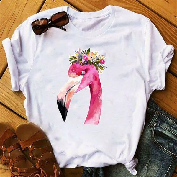 

spring summer flamingo flower womens clothing print graphic tee, White