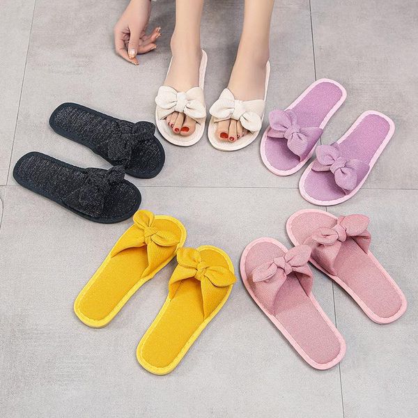 

cute girls spring indoor slides slippers 2021 fashion non-slip comfortable shoes bow-knot soft flat home house casual, Black
