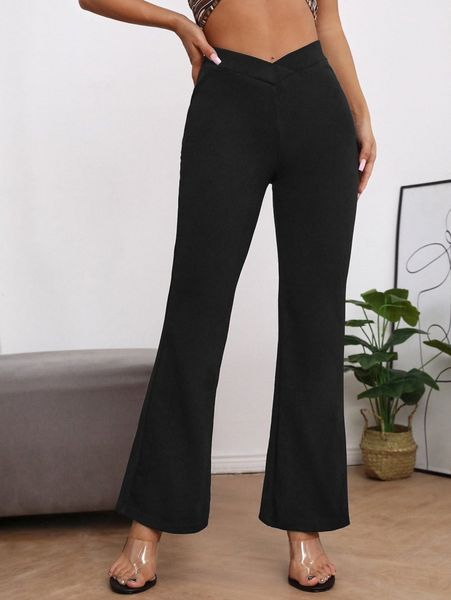 

petite solid flare leg pants q2zf#, Black;white