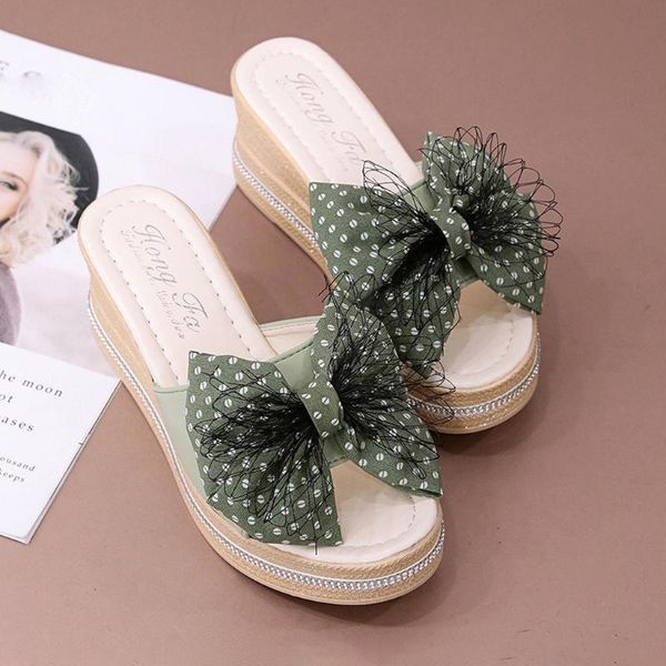 

slippers sagace women fashion dots bowknot wedge heel summer beach shoes femme casual thick bottom flip flop slides hoes, Black