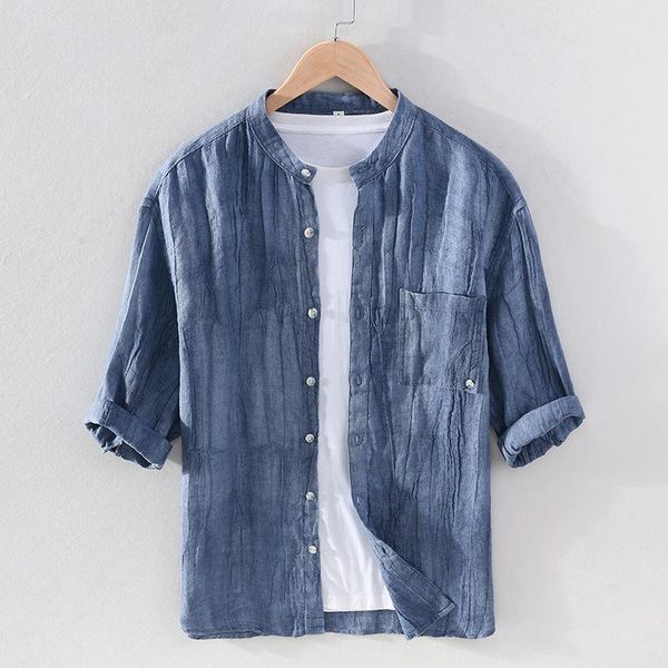 

half sleeve men's stand collar pure linen shirt pleated casual 3/4 shirts, White;black