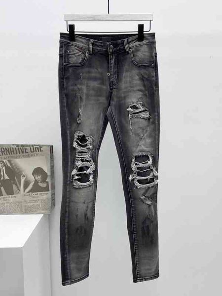 

men's jeans marca de marÃ© buracos fazer antigo luta couro magro-perna jeans europa e dos estados unidos masculino alta rua estiramento, Blue