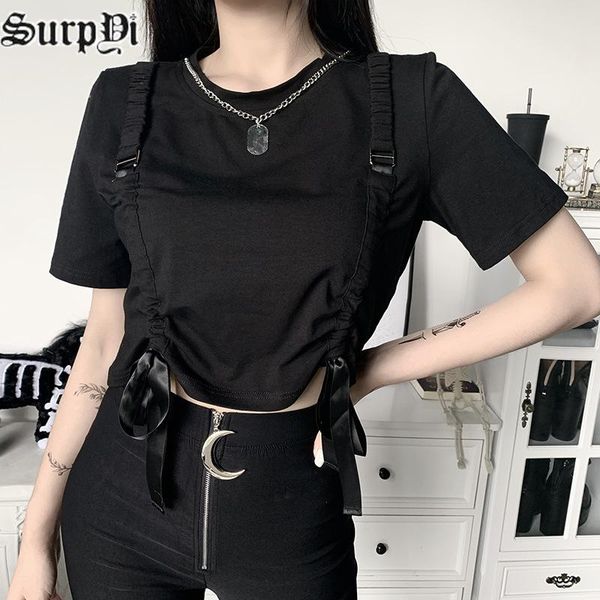 

women's t-shirt summer vintage harajuku casual o-neck women clothing fashion black short sleeve folds drawstring mujer camisetas, White