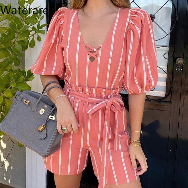 

women's tracksuits waterarea striped print beach style two piece outfits woman half sleeve 2 set women, Gray