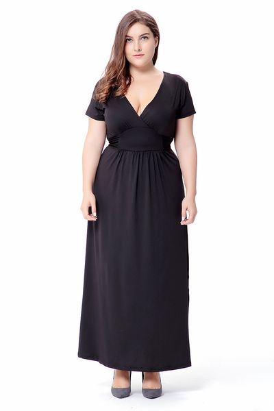 

bofute plus size women's v-neck waist short sleeve knit dress sq0076, Black