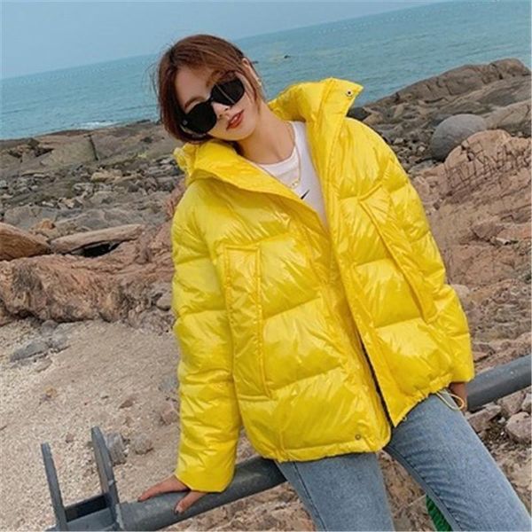 

womens glossy down jacket fashion long sleeve casual hooded coats winter designer female zipper thick solid colors keep warm short outerwear, Black;brown