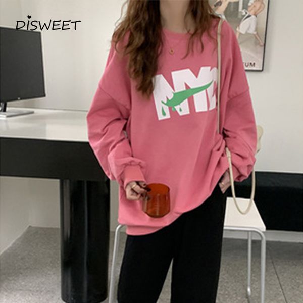 

sweatshirts letter print o-neck korea loose long sleeve pink sweatshirts women spring slim women's hoodies, Black