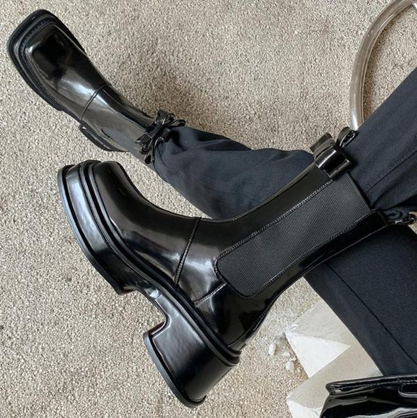 

boots modern women shoe autumn artificial leather round toe side zipper lace-up mid-calf goth platform kawaii botas mujer, Black