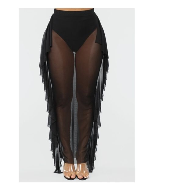 

women skirt mesh hollow out see-through ruffles decorated polyester high waist solid color sheath pencil 210522, Black