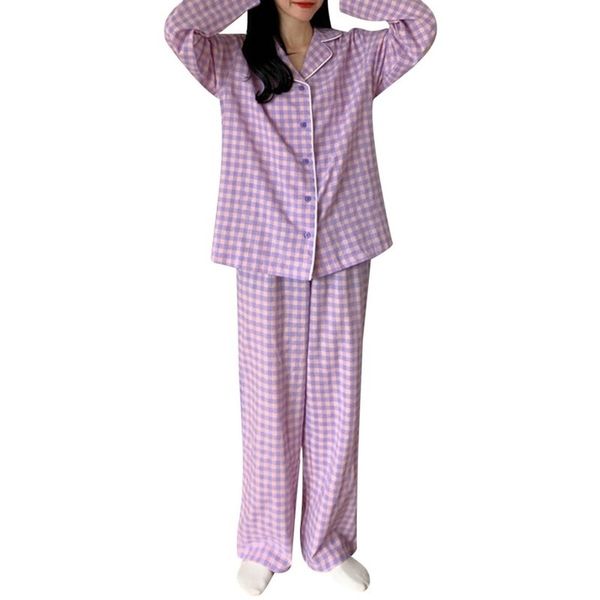 Корейский фиолетовый сетки девушки пижамы набор милый зима с длинным рукавом досужда для женщин свободный ночной мужской домашний костюм костюм x0526