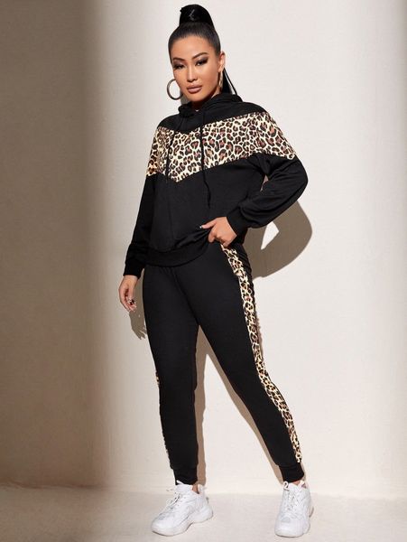 

sxy leopard panel drawstring hoodie & sweatpants s0dt#, White