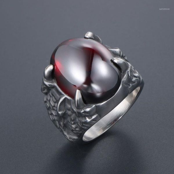 

cool punk rock dragon claw ring men vintage solid 316l stainless steel couple rings with red/black stone fashion finger jewelry1, Golden;silver
