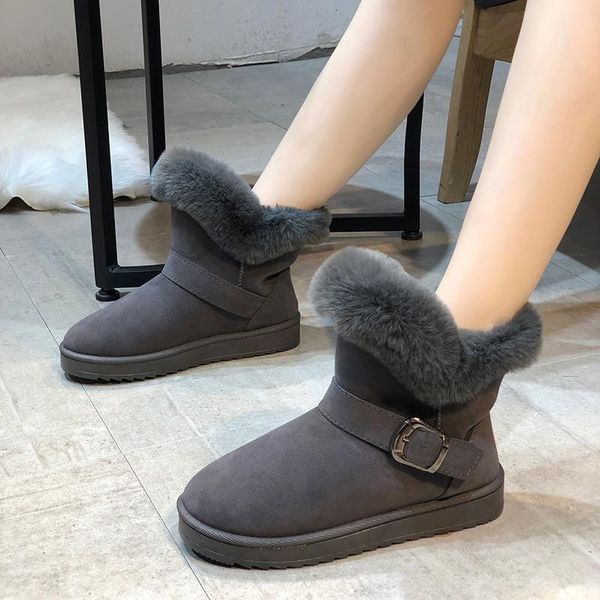 Stiefel 2021 Schnee Frauen plus Samt Dicke Plüschschuhe Winter Stil Koreanische Gürtelschnalle Flache Knöchel Damen Baumwolle