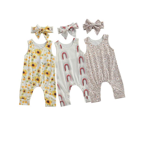 

jumpsuits 0-24m born baby cute jumpsuit toddler boy girl sunflower/rainbow/daisy o-neck straps romper with long trousers+headband, Blue