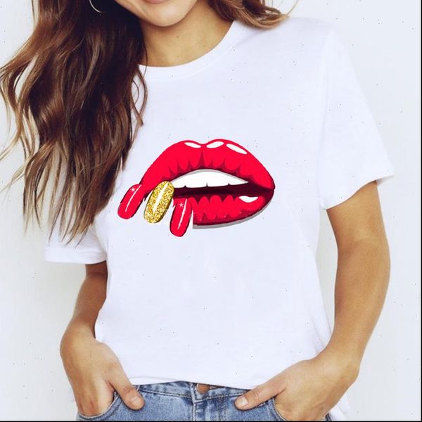

t shirts women shirt for cartoon lip fingernail nail art casual clothing lady graphic ladies female tee, White