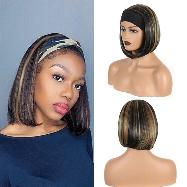 

synthetic wigs headband wig 12 inch short bob with scarf straight style natural color head band for women african americans, Black