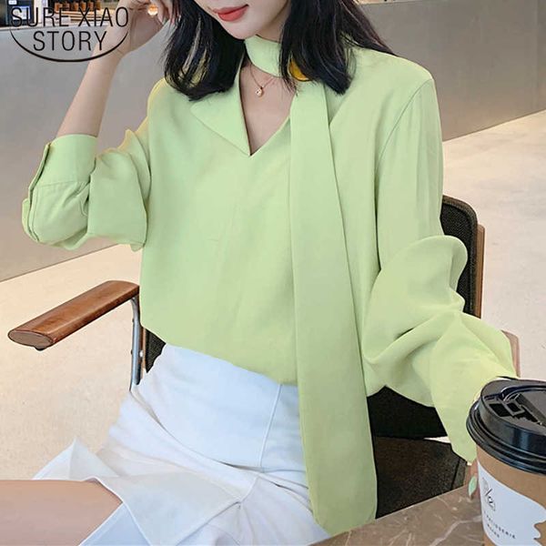 Outono manga comprida Korean abacate verde chiffon mulheres camisas v-pescoço sólido sexy mulheres blusas tops senhora escritório 6691 50 210527