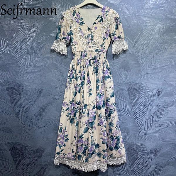 

casual dresses seifrmann 2021 summer women fashion designerÂ cotton dress flare sleeve beading elastic waist floral printed long, Black;gray