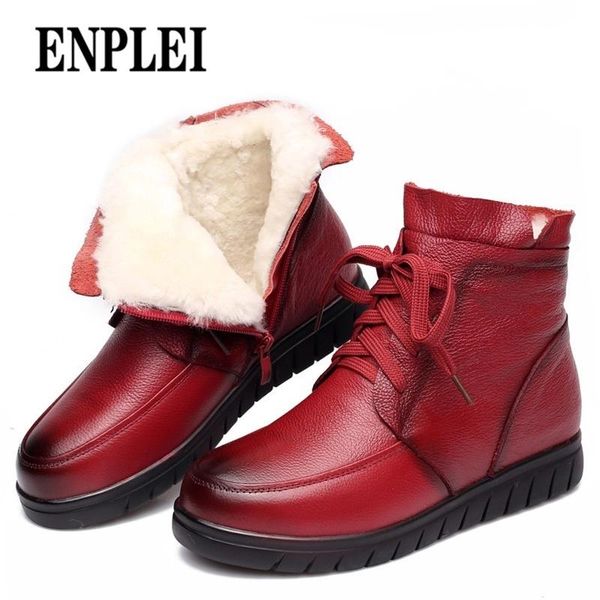 

boots enplei winter warm ankle women snow vintage genuine leather natural wool fur flat mother shoes size 35-41, Black