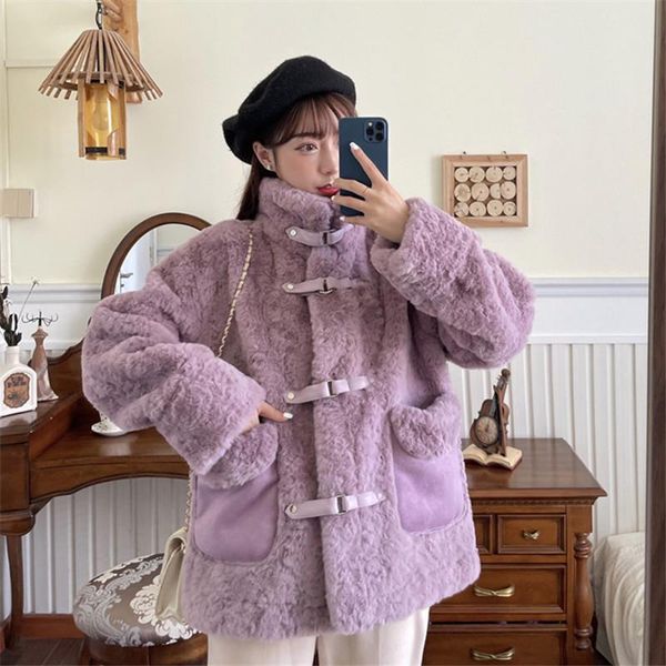 

women's fur & faux winter solid color thick loose large size casual one-piece lamb wool thickened female jacket, Black