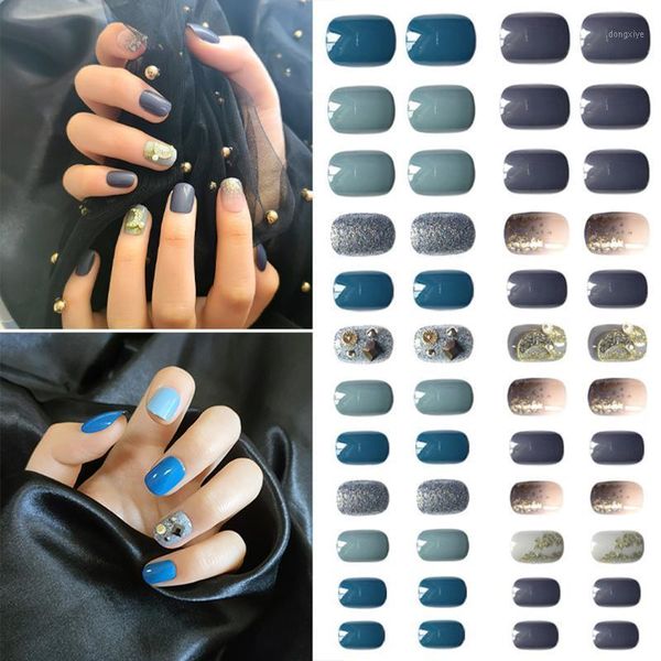 

24pcs/set haze blue short false nails full cover detachable glitter fake manicure press on diy fake1, Red;gold