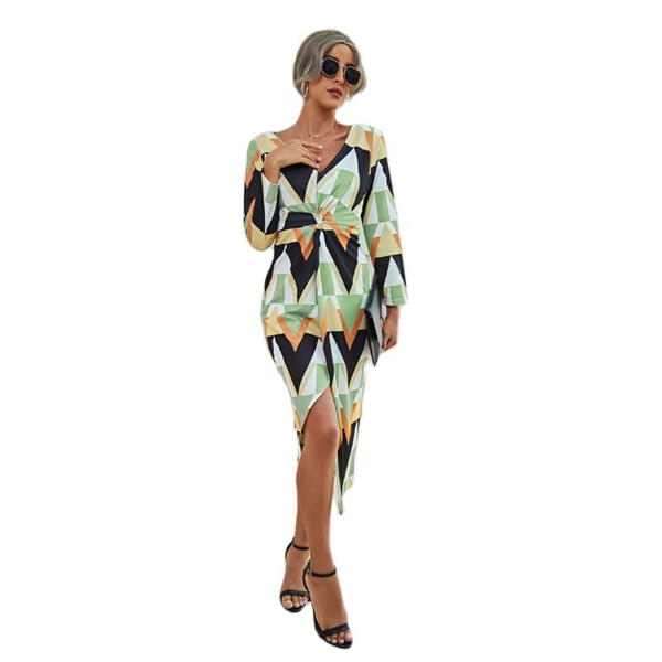 

casual dresses 2021 fashion women printed flowers long sleeves dress v-neck autumn folds split fork clothes drop, Black;gray