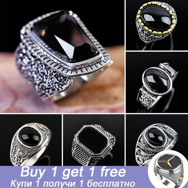 

cluster rings vintage silver plated punk for men gothic carved snake ocs ring black stone chunky finger luxury jewelry gift, Golden;silver