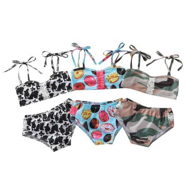 

one-pieces 2 pcs born bathing suits baby girls tie-up printed boat neck spaghetti strap bikini + swimming bottoms infant swimwear, Black