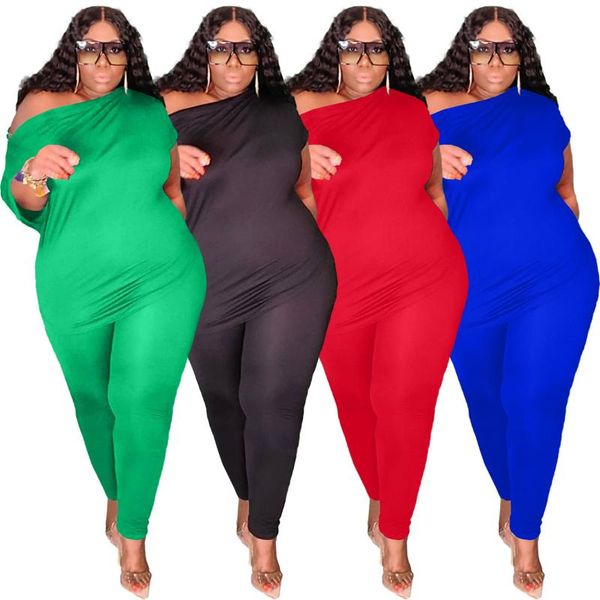 

plus size tracksuits women clothing two piece set 5xl fashion oblique shoulder solid color sports tight pants suit wholesale drop, Black