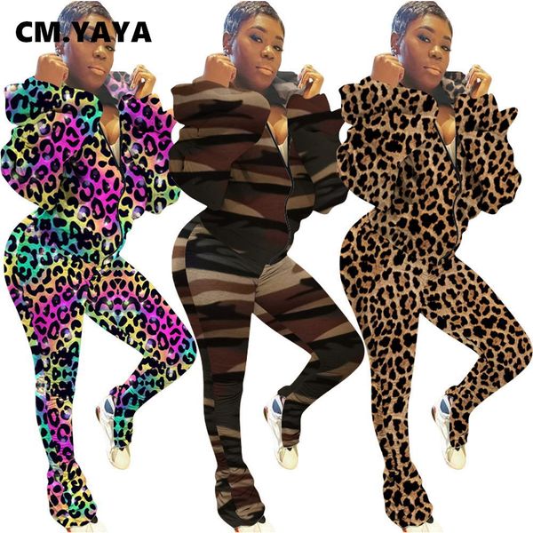 

autumn leopard print womens set zipper open ba hoodies staed ruched pants set trasuit two piece outfit sweatsuitby air, White