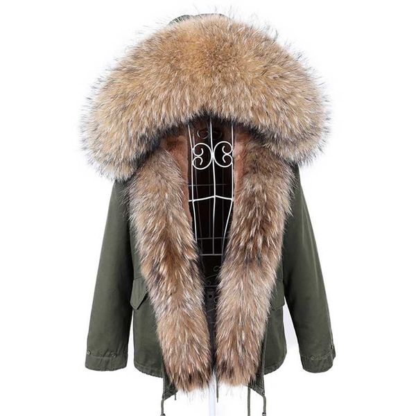 Маамаоконг зимняя одежда женская натуральная шуба натуральный енотный меховой воротник Parkas Faux меховая подкладка короткая куртка женское пальто 211019