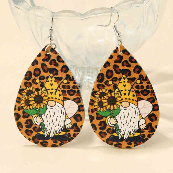 

christmas sunflower yellow goblin dwarf white beard leopard print leather earrings