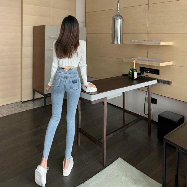

women's jeans color ultra thin waist female age season with little skinny stretch feet nine points pencil pants in the summer, Blue